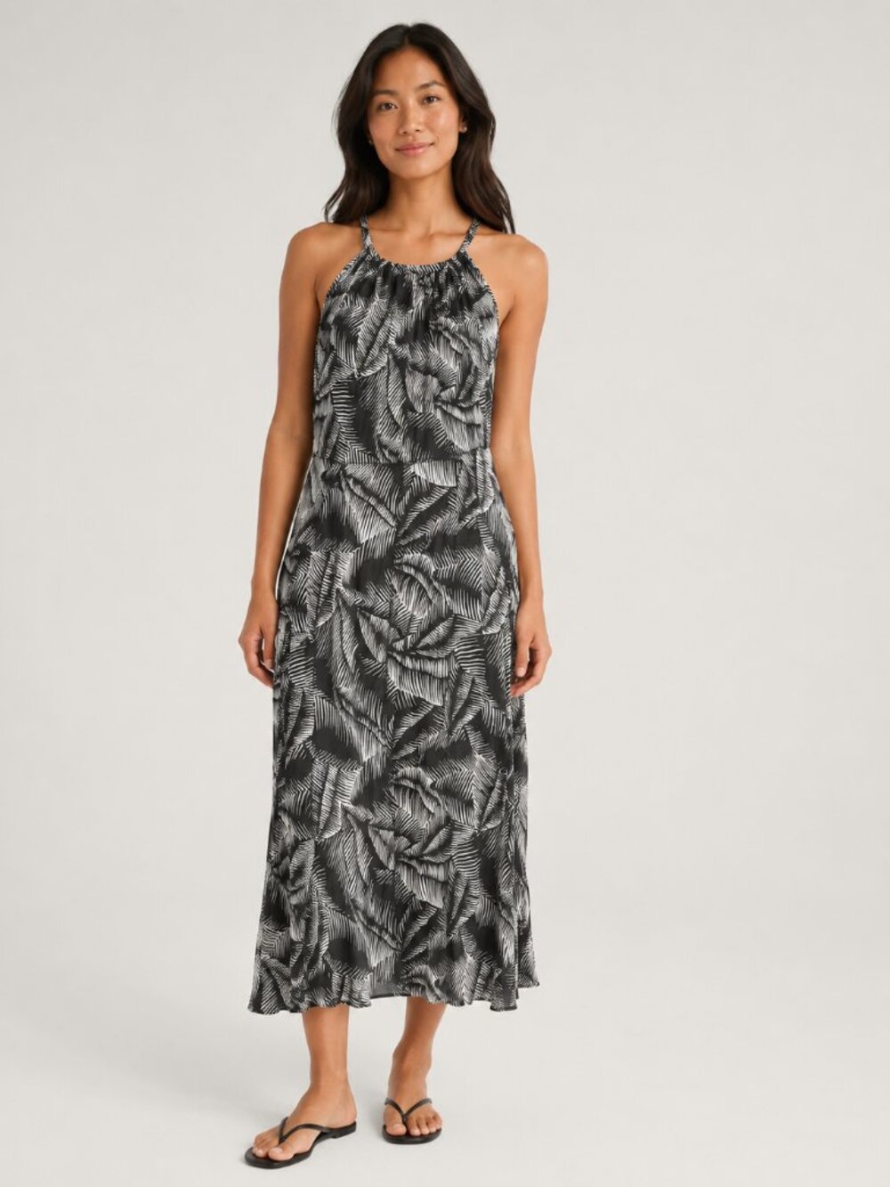 Gap Black White Palm Leaf Halter Midi Dress Size S 100% Viscose Tropical Summer